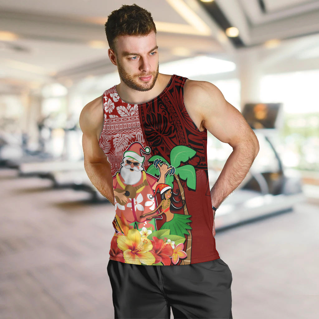 Hawaii Mele Kalikimaka Men Tank Top Santa Claus and Hula Girl Tropical Folwer with Hawaiian Pattern LT03 Red - Polynesian Pride