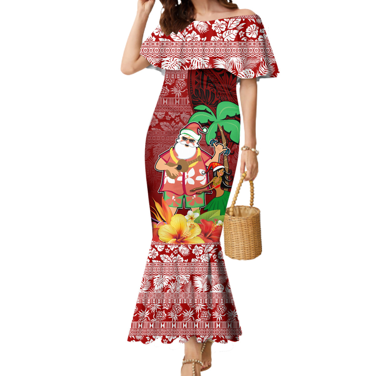 Hawaii Mele Kalikimaka Mermaid Dress Santa Claus and Hula Girl Tropical Folwer with Hawaiian Pattern LT03 Women Red - Polynesian Pride