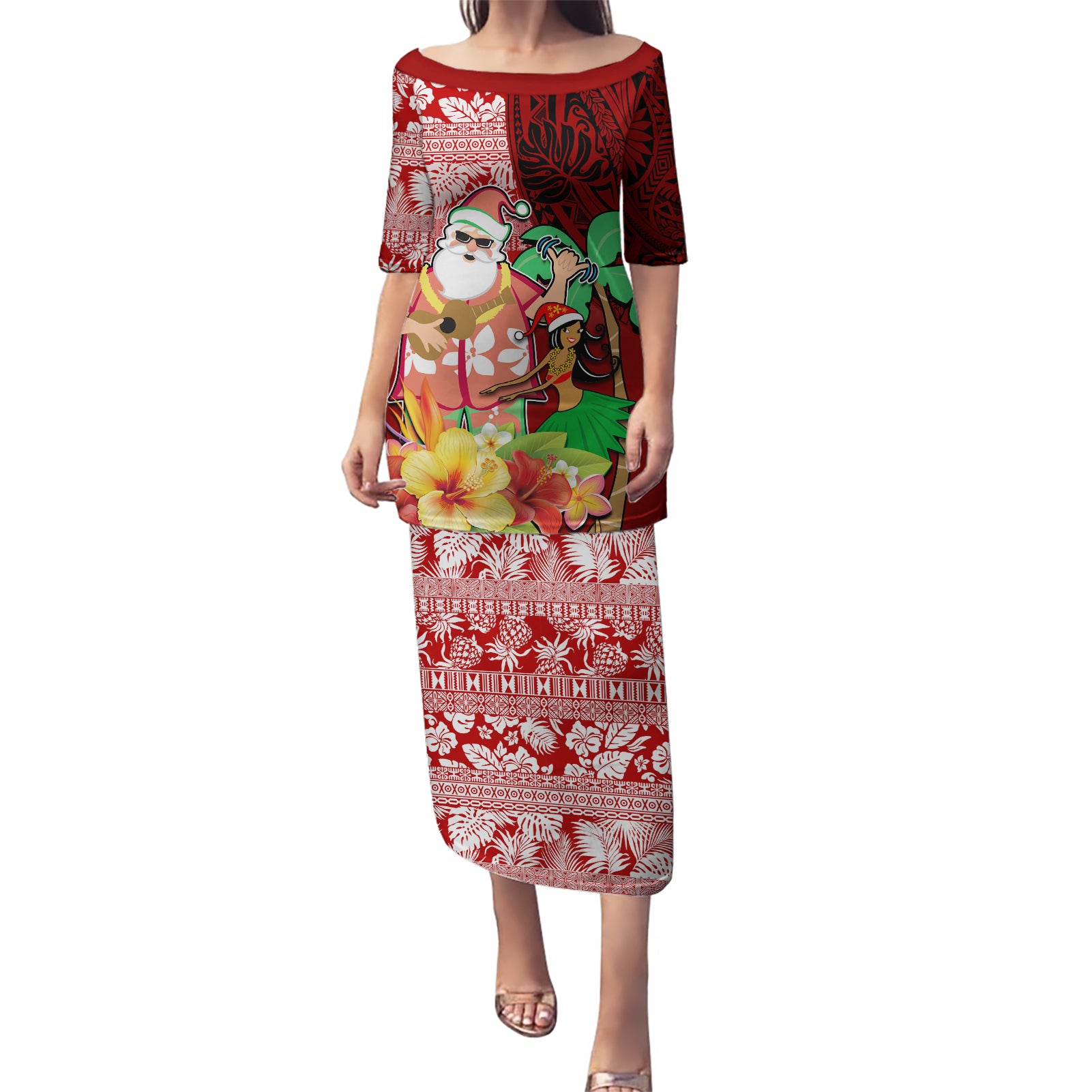 Hawaii Mele Kalikimaka Puletasi Santa Claus and Hula Girl Tropical Folwer with Hawaiian Pattern LT03 Long Dress Red - Polynesian Pride