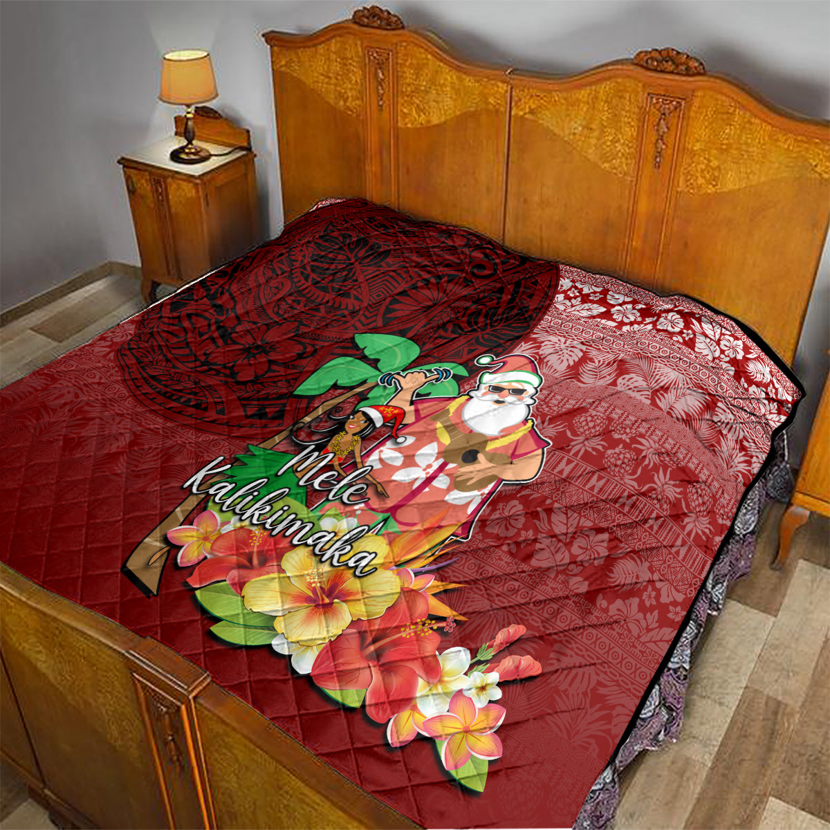 Hawaii Mele Kalikimaka Quilt Santa Claus and Hula Girl Tropical Folwer with Hawaiian Pattern LT03 - Polynesian Pride