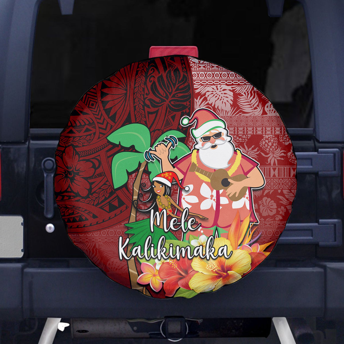 Hawaii Mele Kalikimaka Spare Tire Cover Santa Claus and Hula Girl Tropical Folwer with Hawaiian Pattern LT03 Red - Polynesian Pride