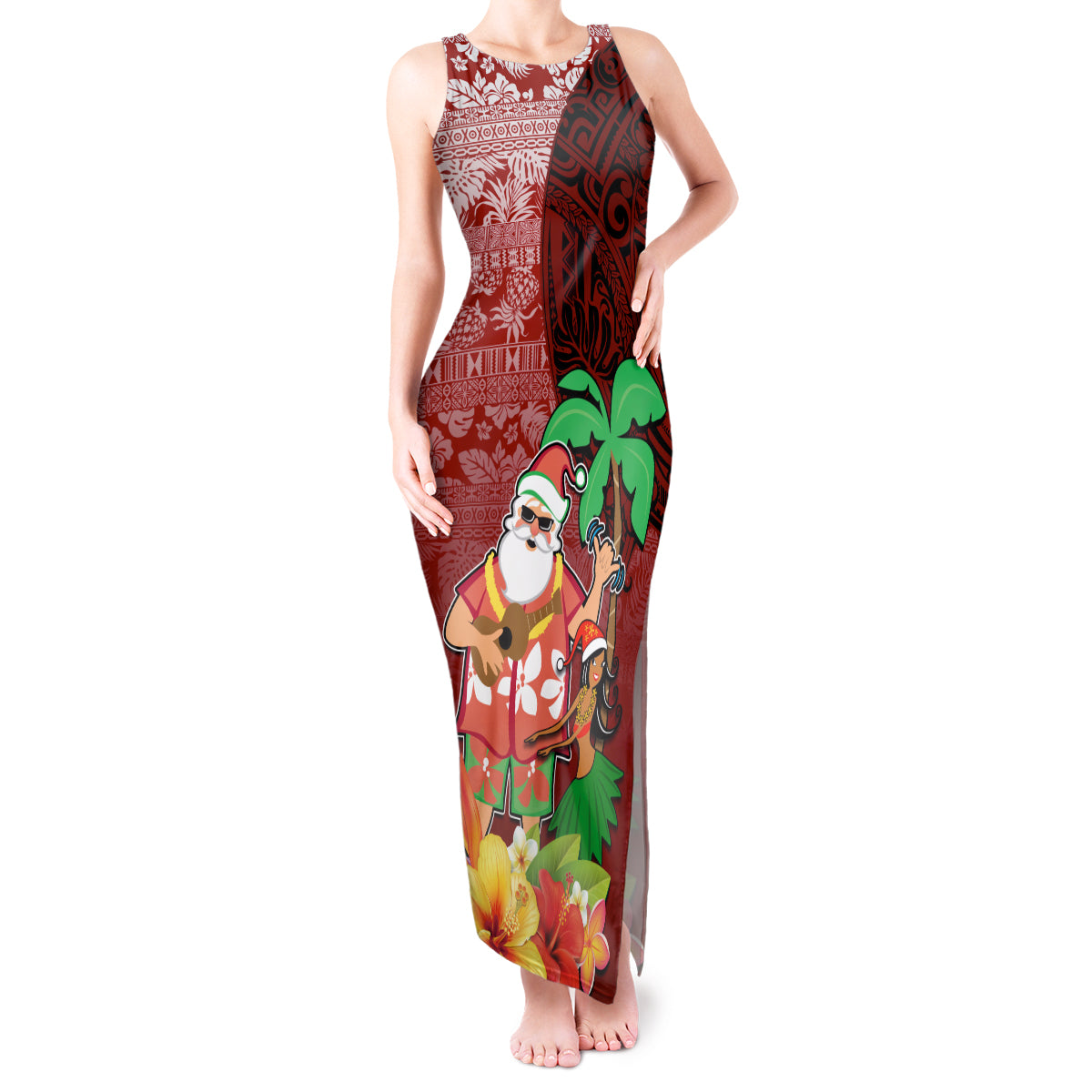 Hawaii Mele Kalikimaka Tank Maxi Dress Santa Claus and Hula Girl Tropical Folwer with Hawaiian Pattern LT03 Women Red - Polynesian Pride