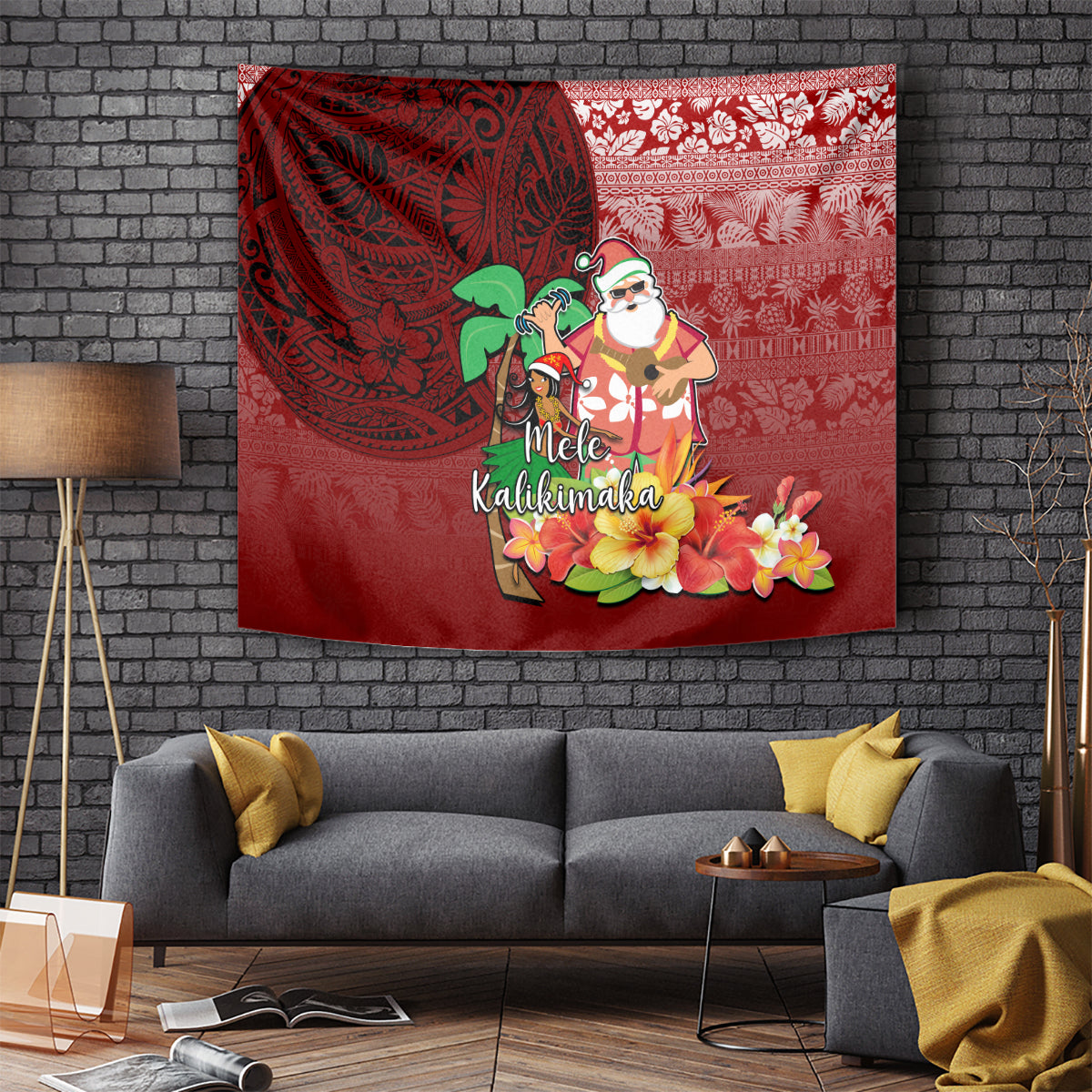 Hawaii Mele Kalikimaka Tapestry Santa Claus and Hula Girl Tropical Folwer with Hawaiian Pattern LT03 Red - Polynesian Pride