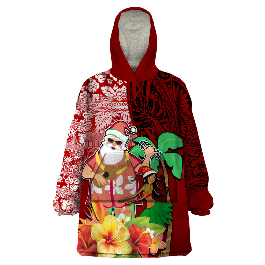 Hawaii Mele Kalikimaka Wearable Blanket Hoodie Santa Claus and Hula Girl Tropical Folwer with Hawaiian Pattern LT03 One Size Red - Polynesian Pride