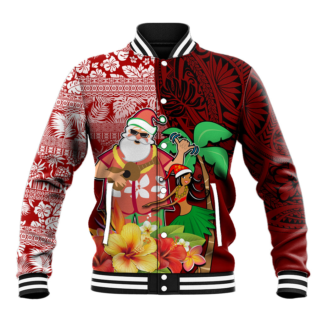 Custom Hawaii Mele Kalikimaka Baseball Jacket Santa Claus and Hula Girl Tropical Folwer with Hawaiian Pattern LT03 Unisex Red - Polynesian Pride