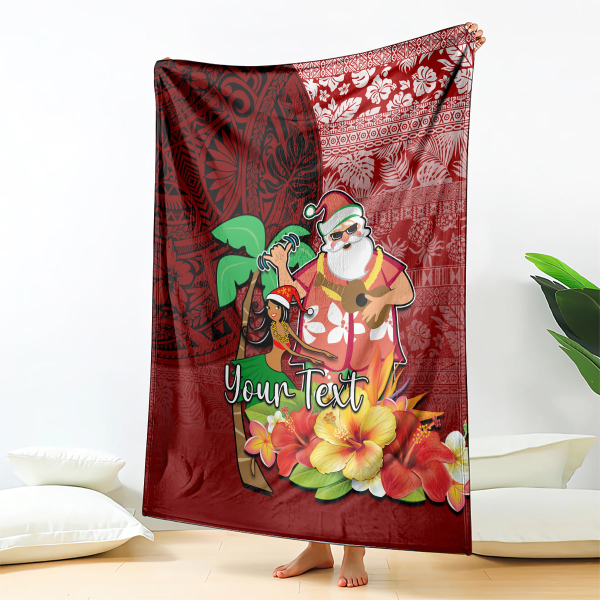 Custom Hawaii Mele Kalikimaka Blanket Santa Claus and Hula Girl Tropical Folwer with Hawaiian Pattern LT03 Red - Polynesian Pride