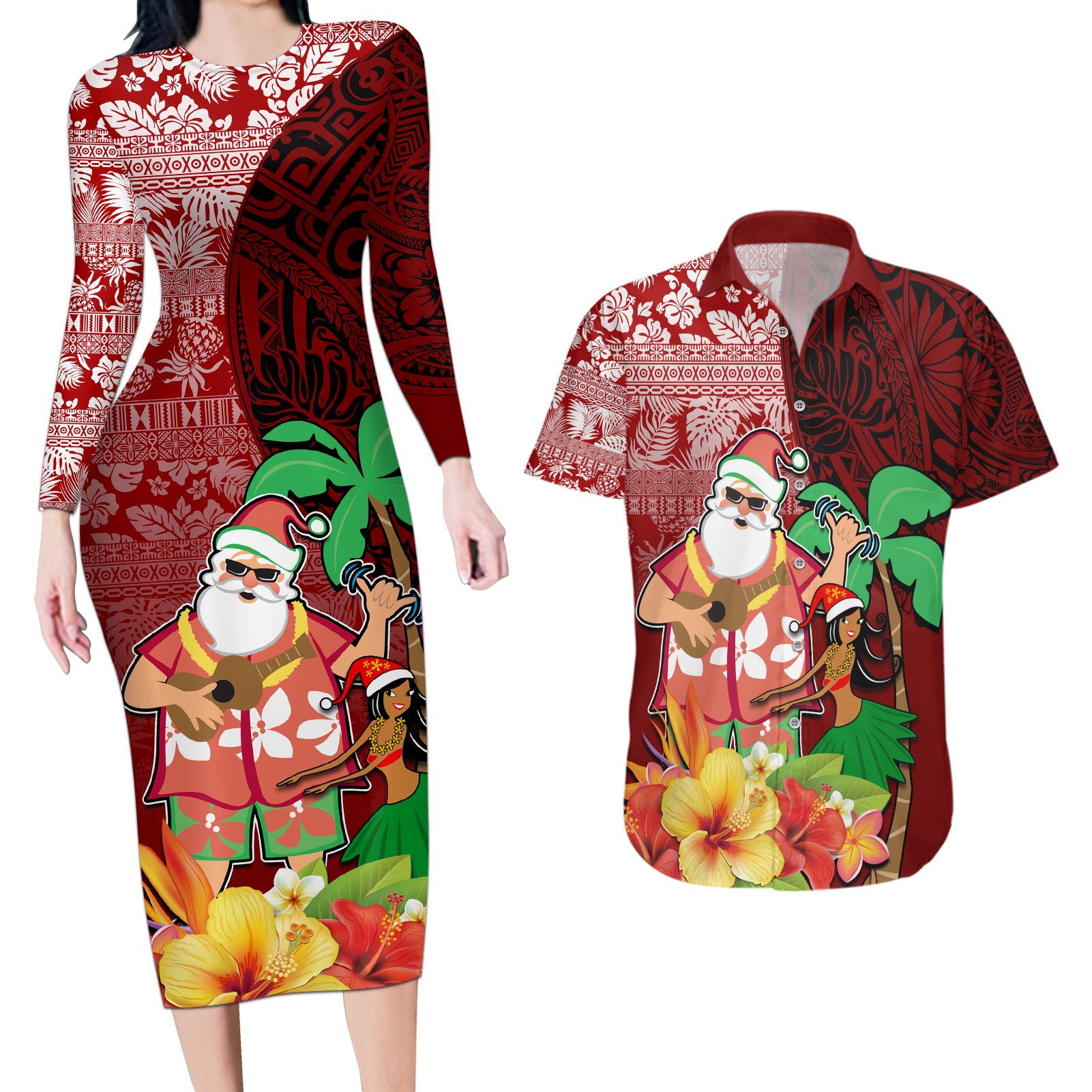 Custom Hawaii Mele Kalikimaka Couples Matching Long Sleeve Bodycon Dress and Hawaiian Shirt Santa Claus and Hula Girl Tropical Folwer with Hawaiian Pattern LT03 Red - Polynesian Pride