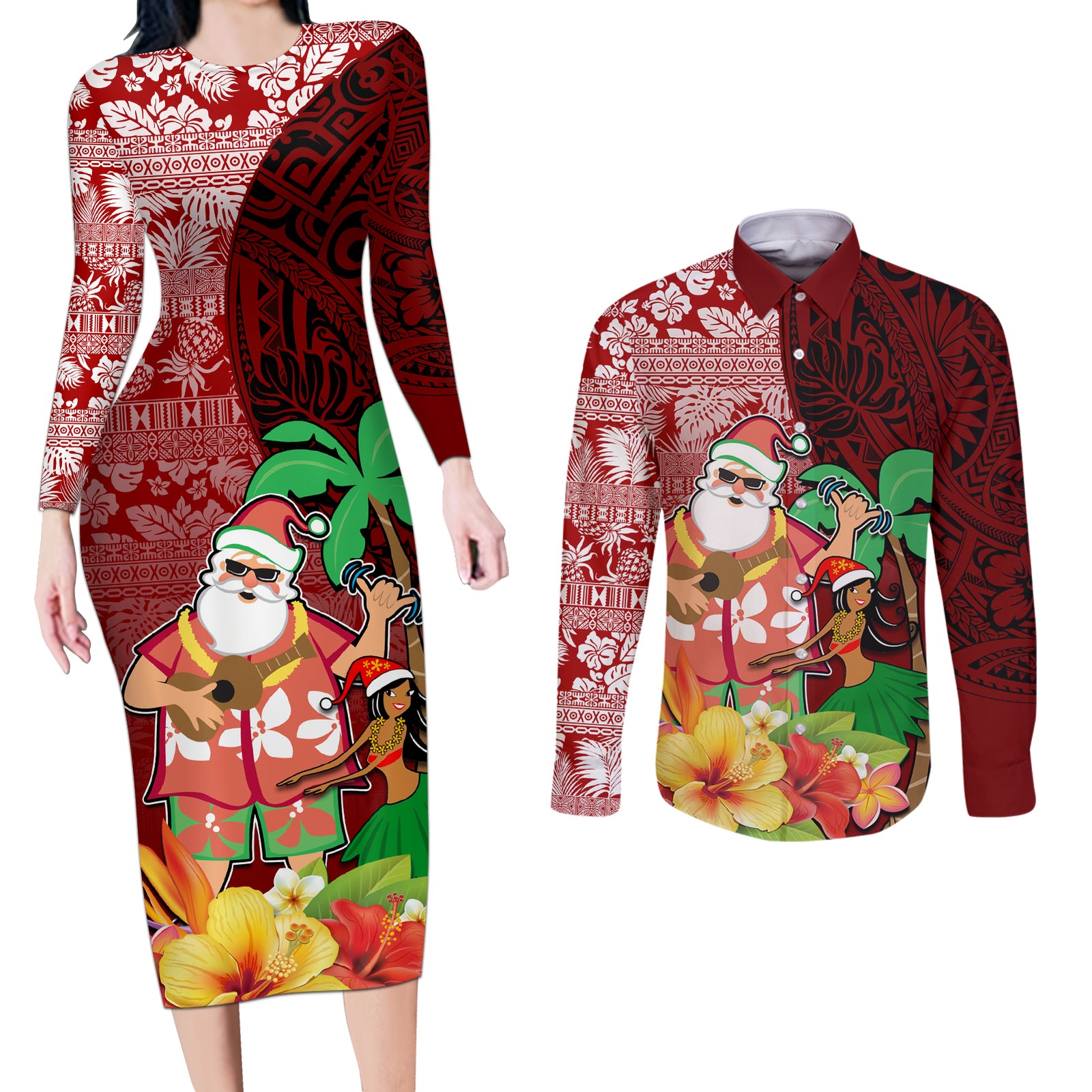 Custom Hawaii Mele Kalikimaka Couples Matching Long Sleeve Bodycon Dress and Long Sleeve Button Shirt Santa Claus and Hula Girl Tropical Folwer with Hawaiian Pattern LT03 Red - Polynesian Pride