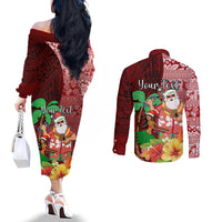 Custom Hawaii Mele Kalikimaka Couples Matching Off The Shoulder Long Sleeve Dress and Long Sleeve Button Shirt Santa Claus and Hula Girl Tropical Folwer with Hawaiian Pattern LT03 - Polynesian Pride