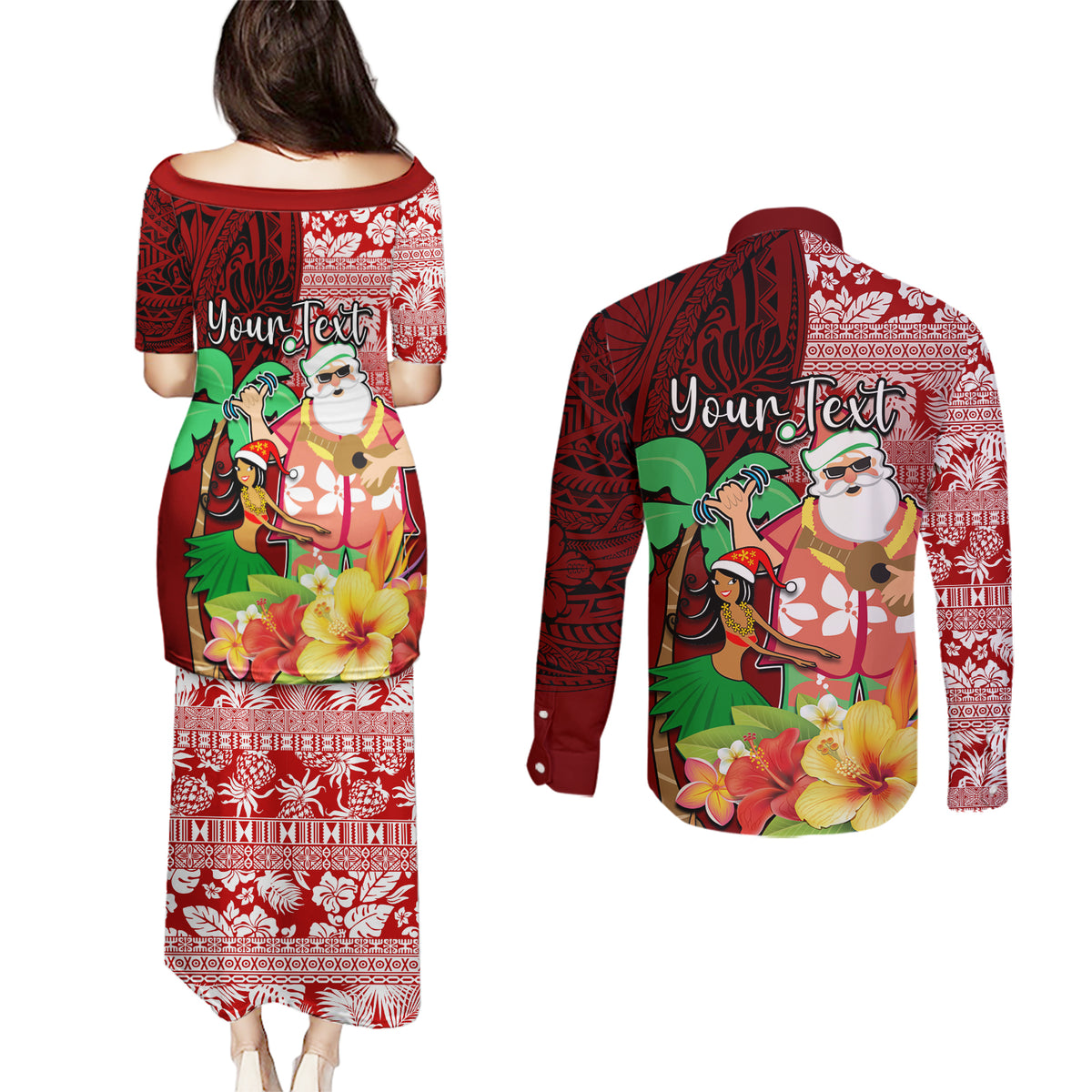 Custom Hawaii Mele Kalikimaka Couples Matching Puletasi Dress and Long Sleeve Button Shirt Santa Claus and Hula Girl Tropical Folwer with Hawaiian Pattern LT03 - Polynesian Pride