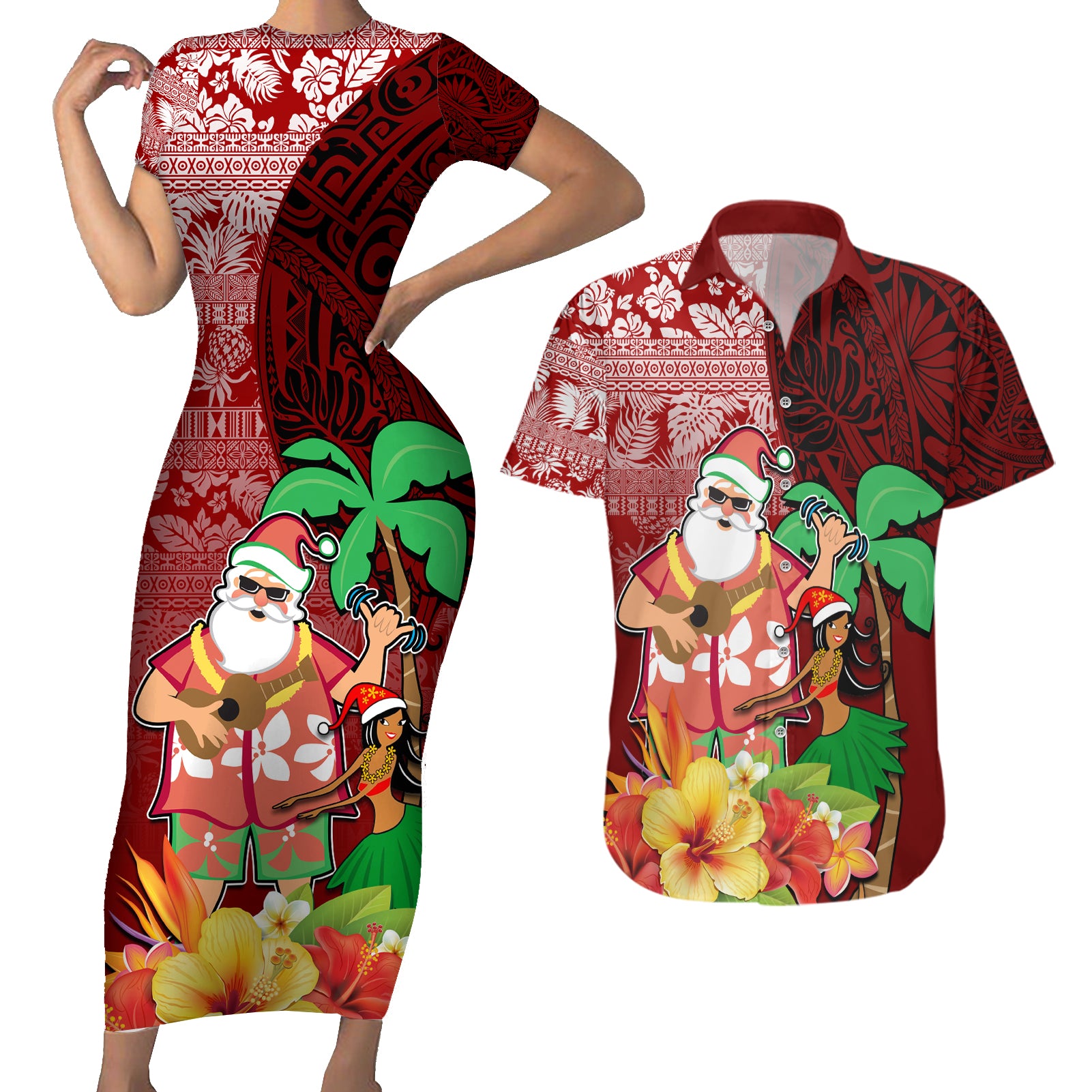 Custom Hawaii Mele Kalikimaka Couples Matching Short Sleeve Bodycon Dress and Hawaiian Shirt Santa Claus and Hula Girl Tropical Folwer with Hawaiian Pattern LT03 Red - Polynesian Pride