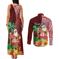 Custom Hawaii Mele Kalikimaka Couples Matching Tank Maxi Dress and Long Sleeve Button Shirt Santa Claus and Hula Girl Tropical Folwer with Hawaiian Pattern LT03 - Polynesian Pride