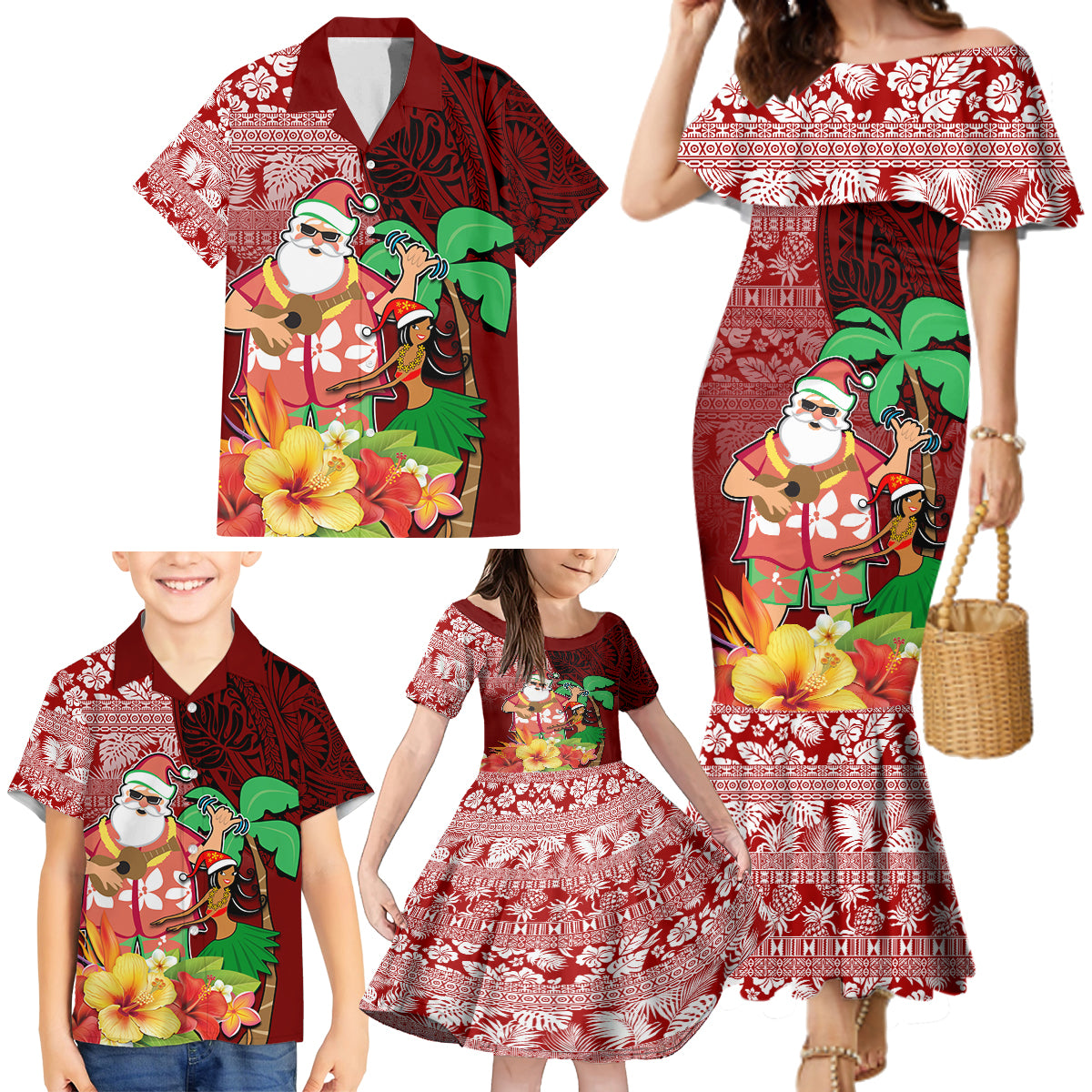 Custom Hawaii Mele Kalikimaka Family Matching Mermaid Dress and Hawaiian Shirt Santa Claus and Hula Girl Tropical Folwer with Hawaiian Pattern LT03 - Polynesian Pride