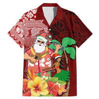 Custom Hawaii Mele Kalikimaka Family Matching Mermaid Dress and Hawaiian Shirt Santa Claus and Hula Girl Tropical Folwer with Hawaiian Pattern LT03 Dad's Shirt - Short Sleeve Red - Polynesian Pride