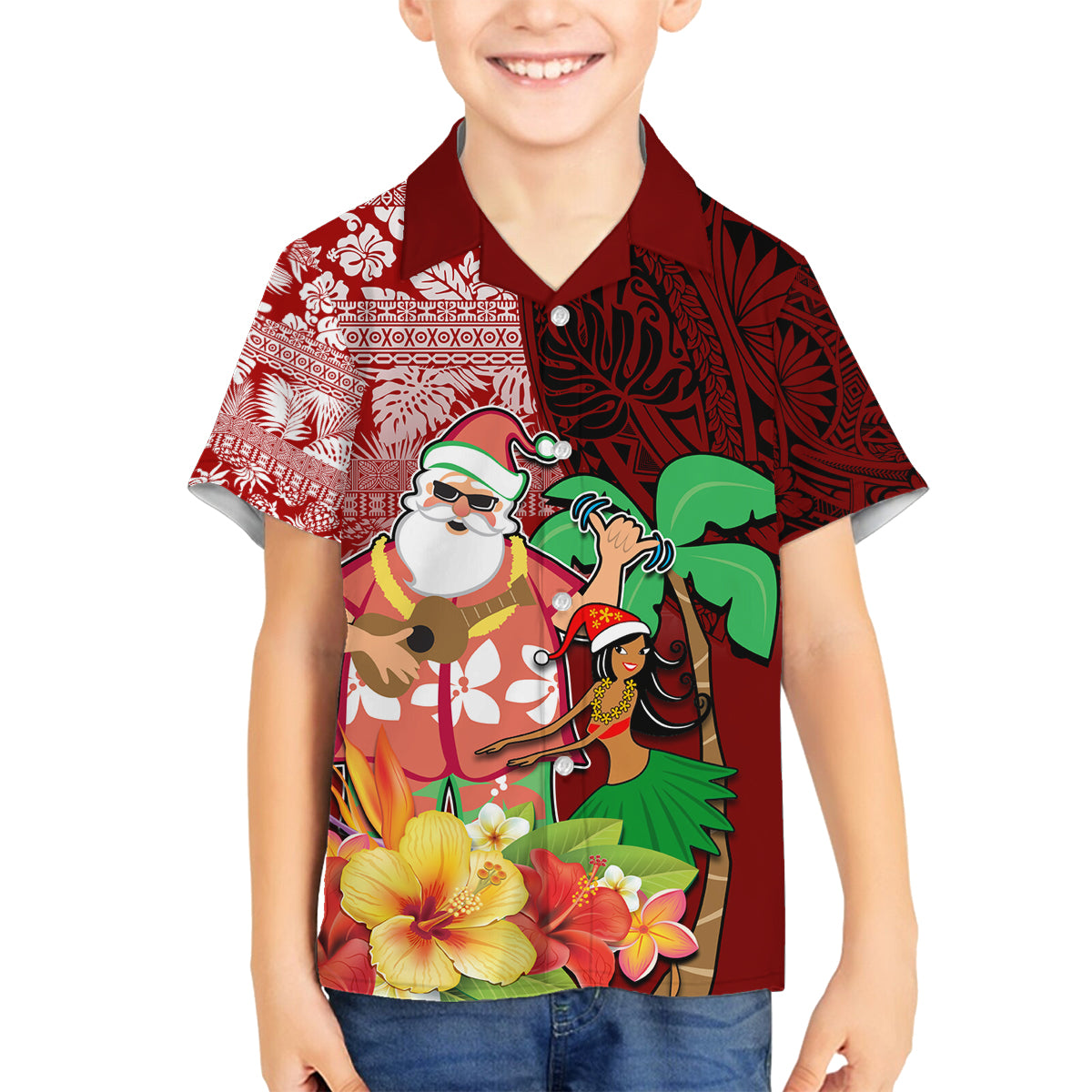 Custom Hawaii Mele Kalikimaka Family Matching Puletasi Dress and Hawaiian Shirt Santa Claus and Hula Girl Tropical Folwer with Hawaiian Pattern LT03 Son's Shirt Red - Polynesian Pride