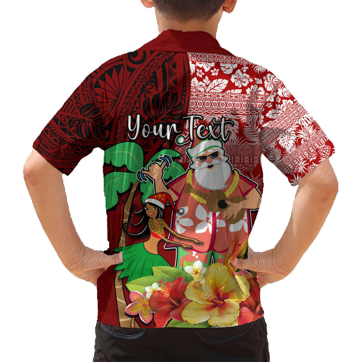 Custom Hawaii Mele Kalikimaka Family Matching Short Sleeve Bodycon Dress and Hawaiian Shirt Santa Claus and Hula Girl Tropical Folwer with Hawaiian Pattern LT03 - Polynesian Pride