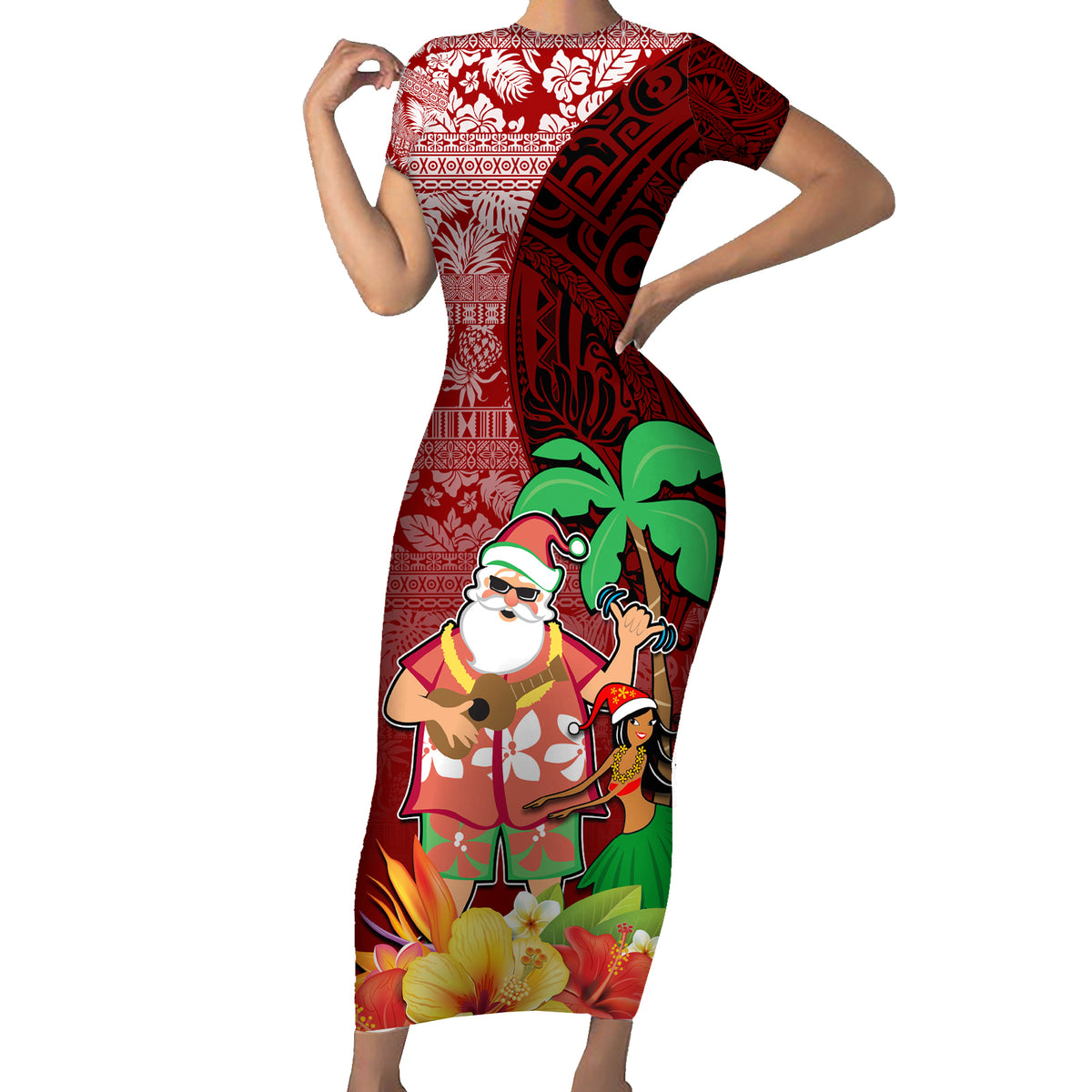 Custom Hawaii Mele Kalikimaka Family Matching Short Sleeve Bodycon Dress and Hawaiian Shirt Santa Claus and Hula Girl Tropical Folwer with Hawaiian Pattern LT03 Mom's Dress Red - Polynesian Pride