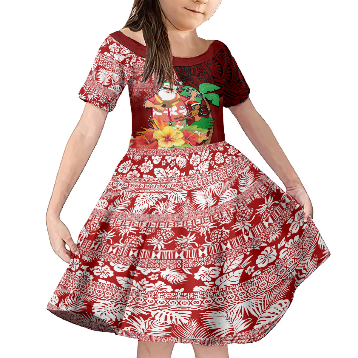 Custom Hawaii Mele Kalikimaka Family Matching Tank Maxi Dress and Hawaiian Shirt Santa Claus and Hula Girl Tropical Folwer with Hawaiian Pattern LT03 Daughter's Dress Red - Polynesian Pride