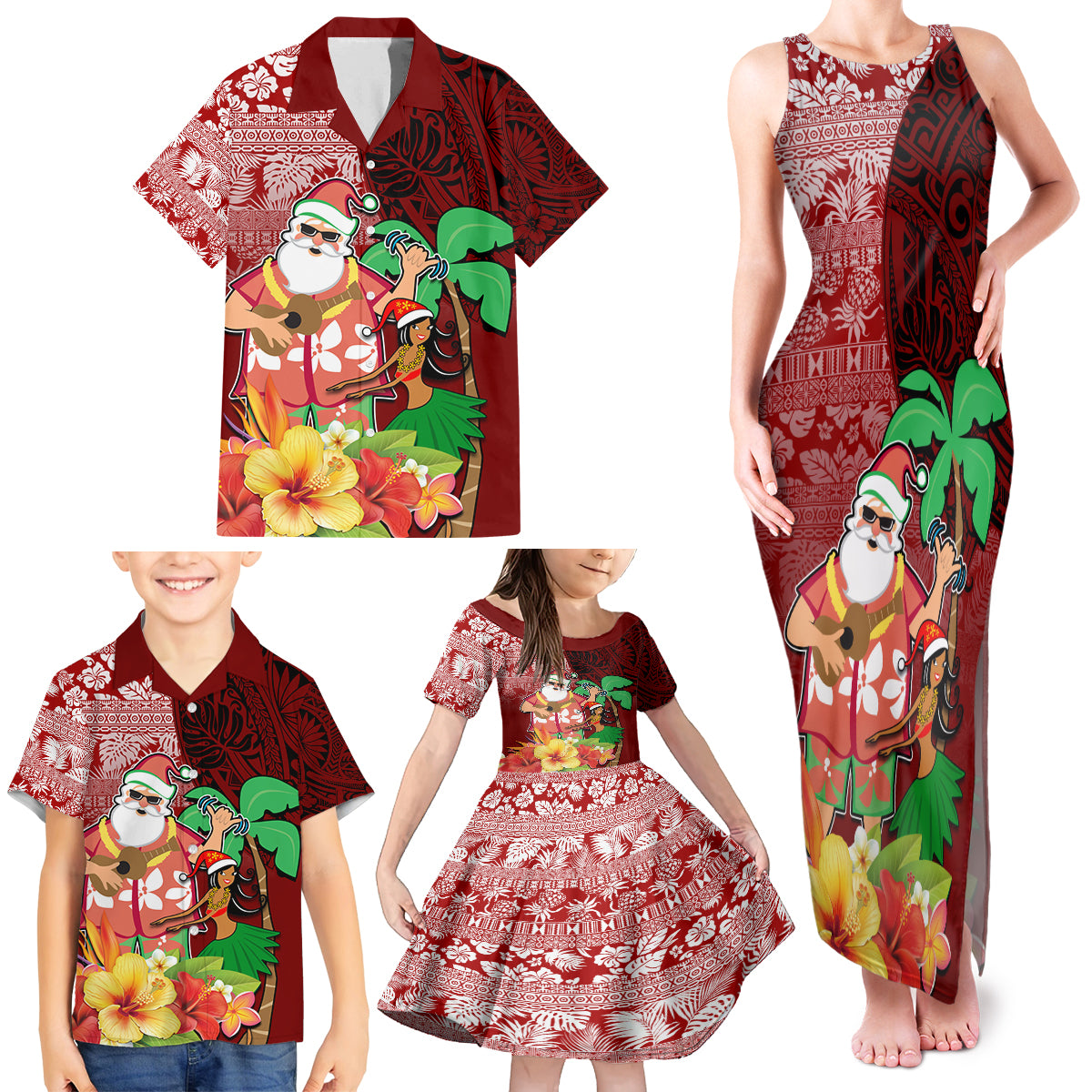 Custom Hawaii Mele Kalikimaka Family Matching Tank Maxi Dress and Hawaiian Shirt Santa Claus and Hula Girl Tropical Folwer with Hawaiian Pattern LT03 - Polynesian Pride