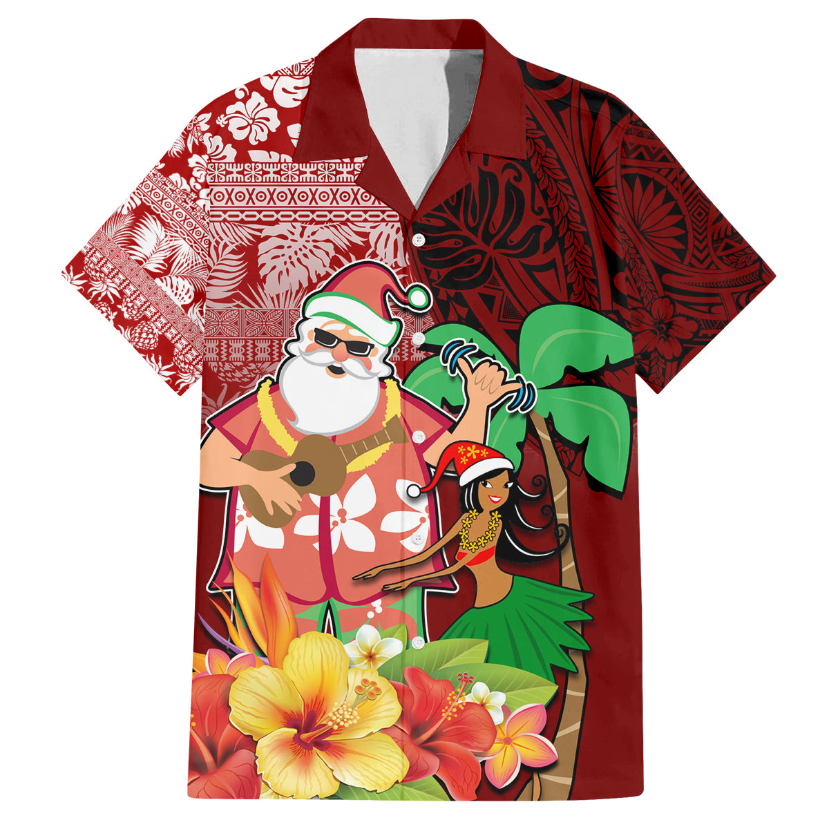 Custom Hawaii Mele Kalikimaka Family Matching Tank Maxi Dress and Hawaiian Shirt Santa Claus and Hula Girl Tropical Folwer with Hawaiian Pattern LT03 Dad's Shirt - Short Sleeve Red - Polynesian Pride