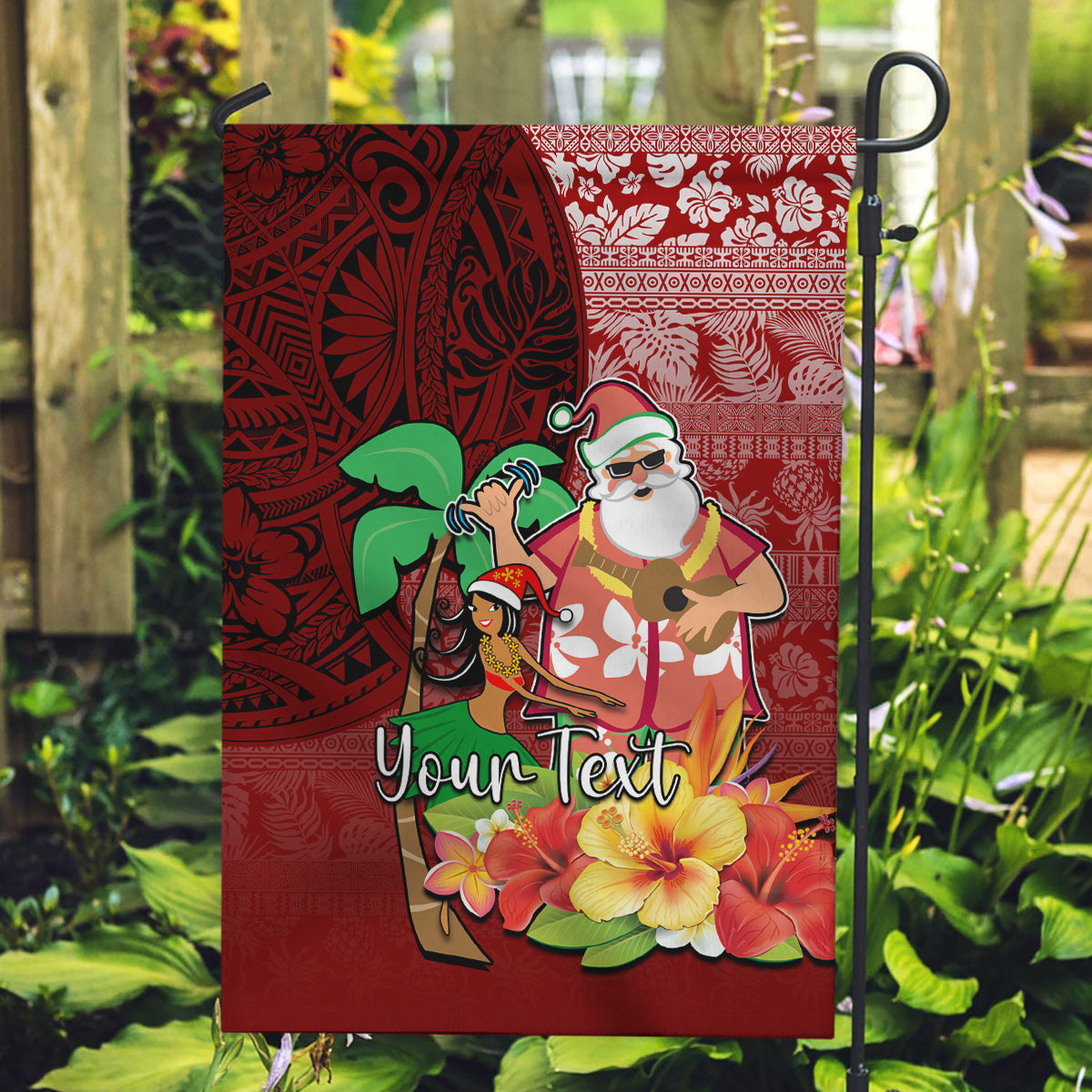 Custom Hawaii Mele Kalikimaka Garden Flag Santa Claus and Hula Girl Tropical Folwer with Hawaiian Pattern LT03 Garden Flag Red - Polynesian Pride