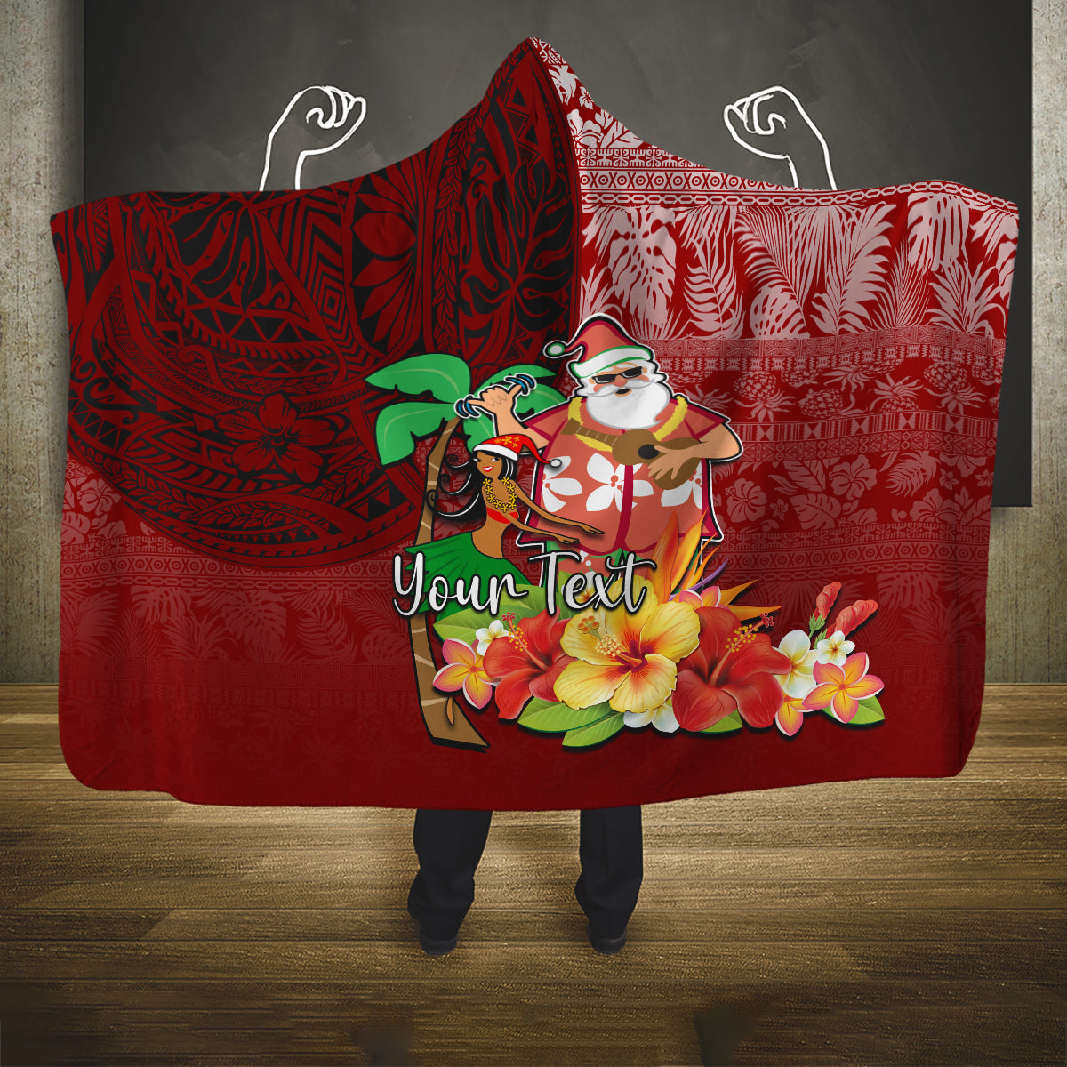 Custom Hawaii Mele Kalikimaka Hooded Blanket Santa Claus and Hula Girl Tropical Folwer with Hawaiian Pattern LT03 One Size Red - Polynesian Pride