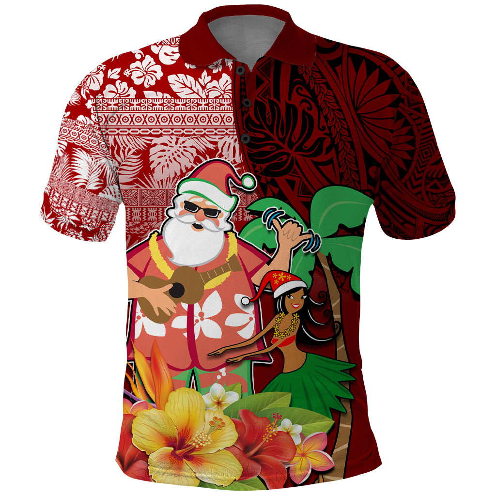 Custom Hawaii Mele Kalikimaka Polo Shirt Santa Claus and Hula Girl Tropical Folwer with Hawaiian Pattern LT03 Red - Polynesian Pride