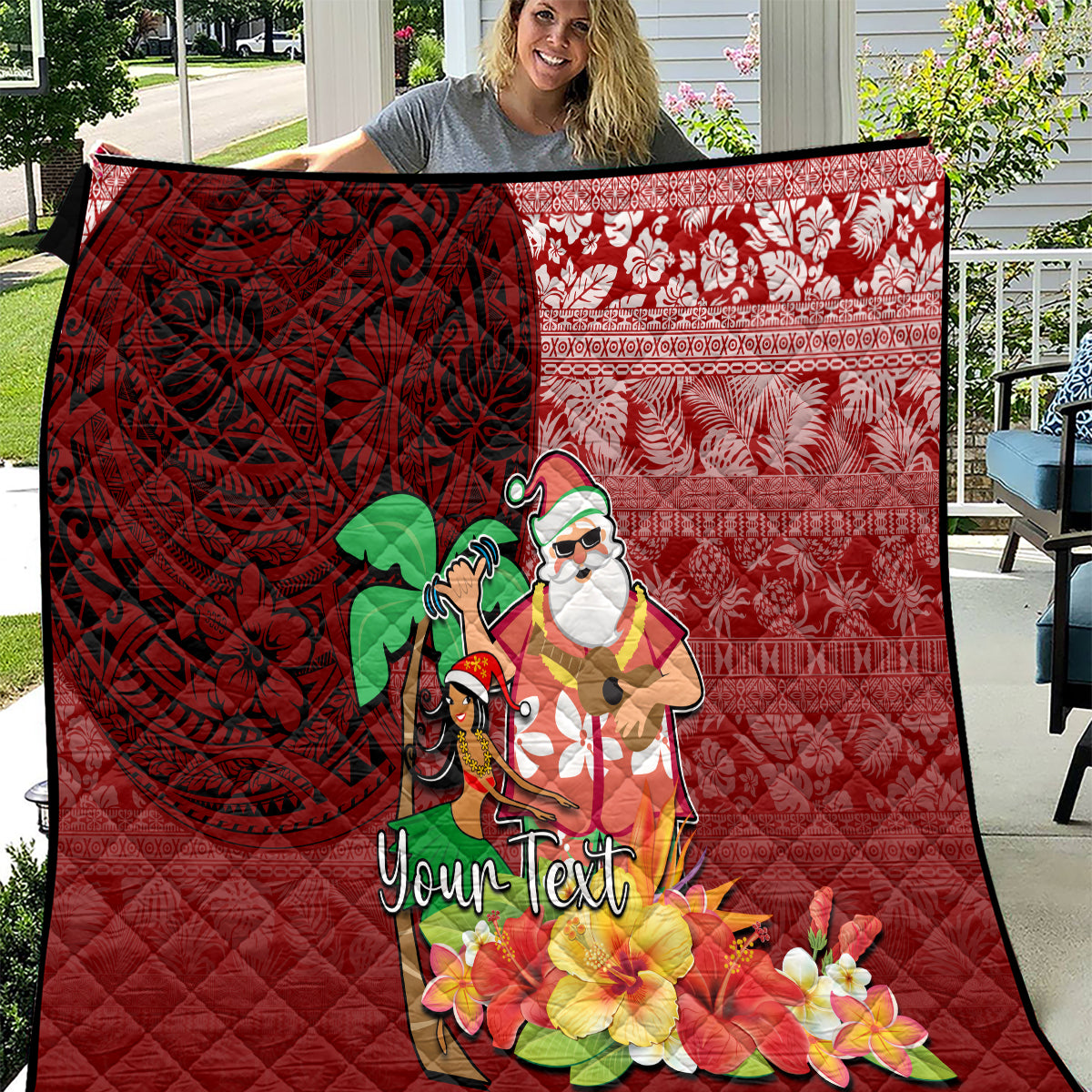 Custom Hawaii Mele Kalikimaka Quilt Santa Claus and Hula Girl Tropical Folwer with Hawaiian Pattern LT03 Red - Polynesian Pride