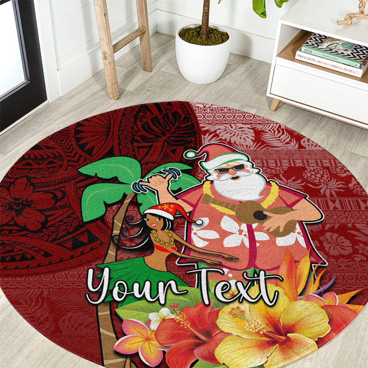 Custom Hawaii Mele Kalikimaka Round Carpet Santa Claus and Hula Girl Tropical Folwer with Hawaiian Pattern LT03 Red - Polynesian Pride