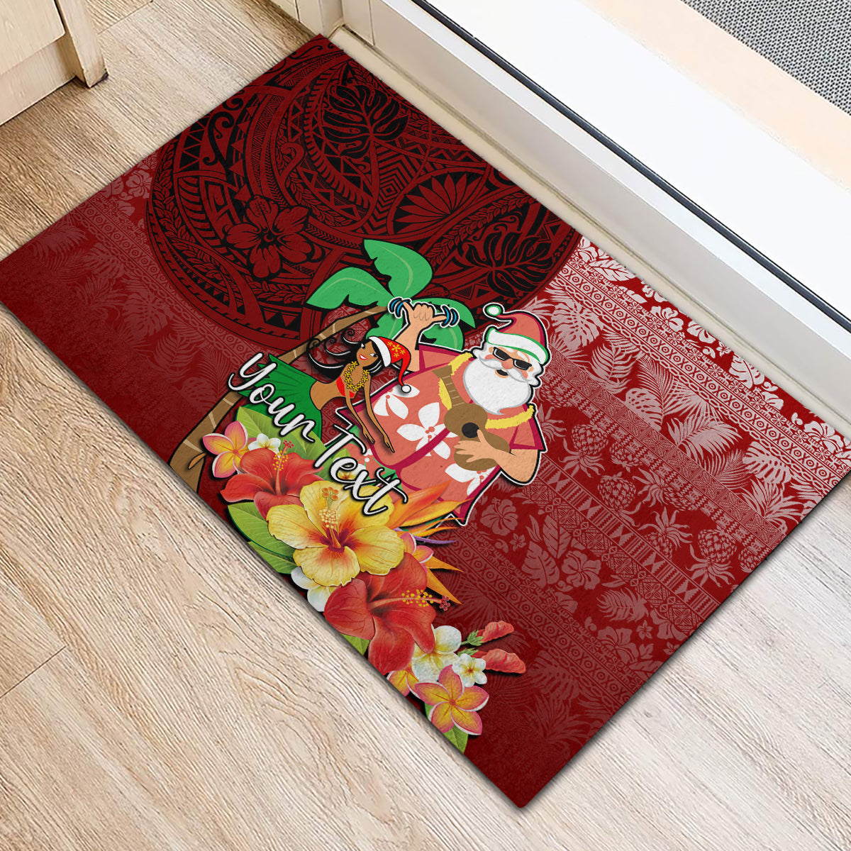 Custom Hawaii Mele Kalikimaka Rubber Doormat Santa Claus and Hula Girl Tropical Folwer with Hawaiian Pattern LT03 - Polynesian Pride