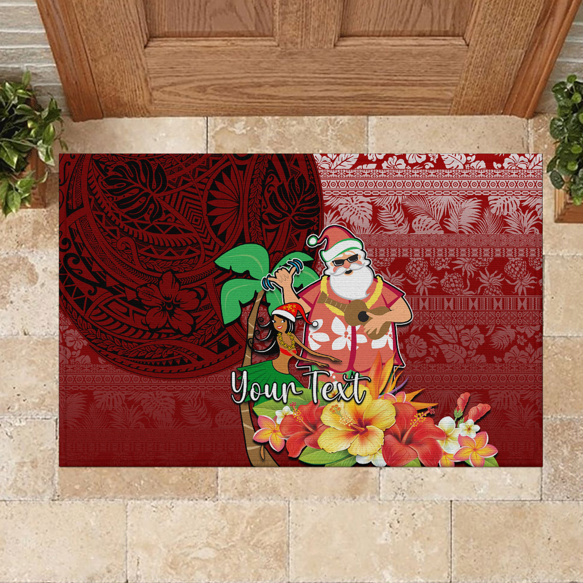 Custom Hawaii Mele Kalikimaka Rubber Doormat Santa Claus and Hula Girl Tropical Folwer with Hawaiian Pattern LT03 - Polynesian Pride