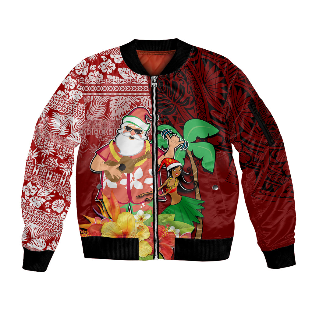 Custom Hawaii Mele Kalikimaka Sleeve Zip Bomber Jacket Santa Claus and Hula Girl Tropical Folwer with Hawaiian Pattern LT03 Unisex Red - Polynesian Pride