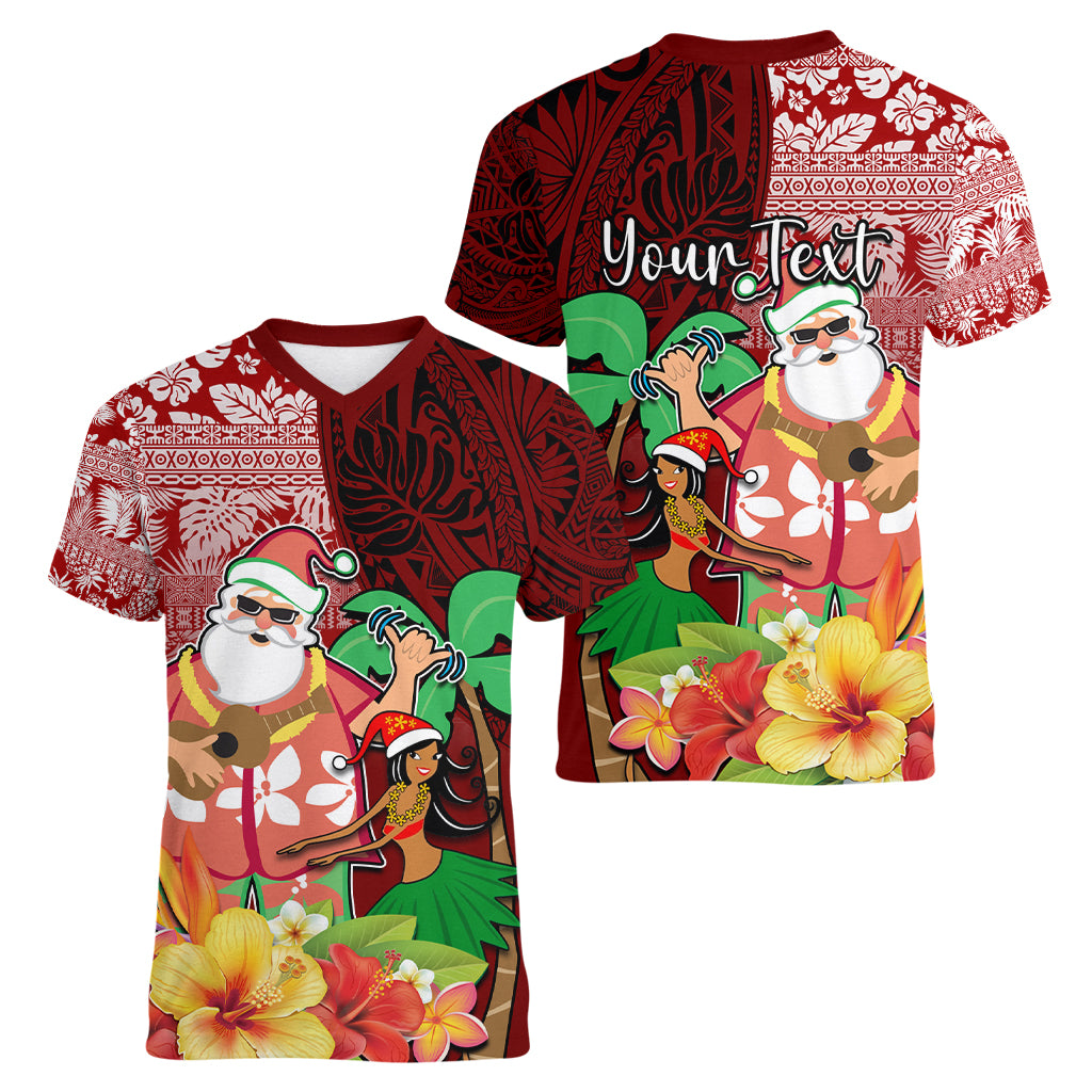 Custom Hawaii Mele Kalikimaka Women V Neck T Shirt Santa Claus and Hula Girl Tropical Folwer with Hawaiian Pattern LT03 - Polynesian Pride