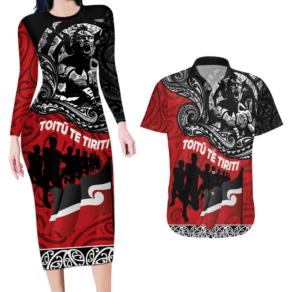 Aotearoa Toitu Te Tiriti Couples Matching Long Sleeve Bodycon Dress and Hawaiian Shirt Honoring Te Tiriti o Waitangi Maori Haka