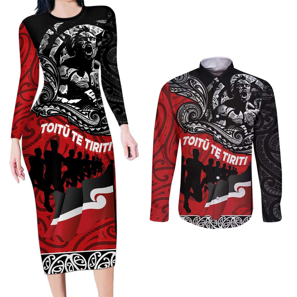 Aotearoa Toitu Te Tiriti Couples Matching Long Sleeve Bodycon Dress and Long Sleeve Button Shirt Honoring Te Tiriti o Waitangi Maori Haka