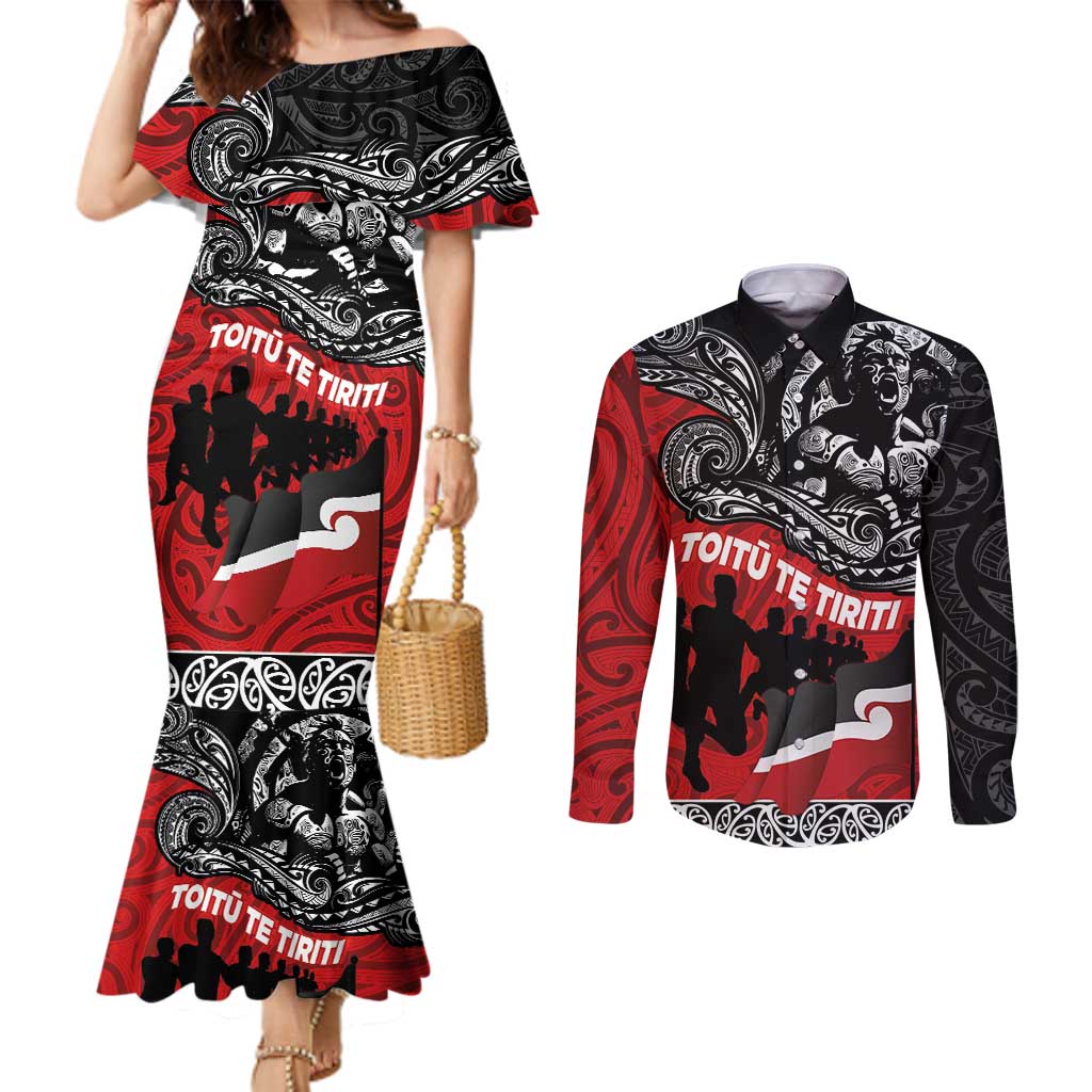 Aotearoa Toitu Te Tiriti Couples Matching Mermaid Dress and Long Sleeve Button Shirt Honoring Te Tiriti o Waitangi Maori Haka