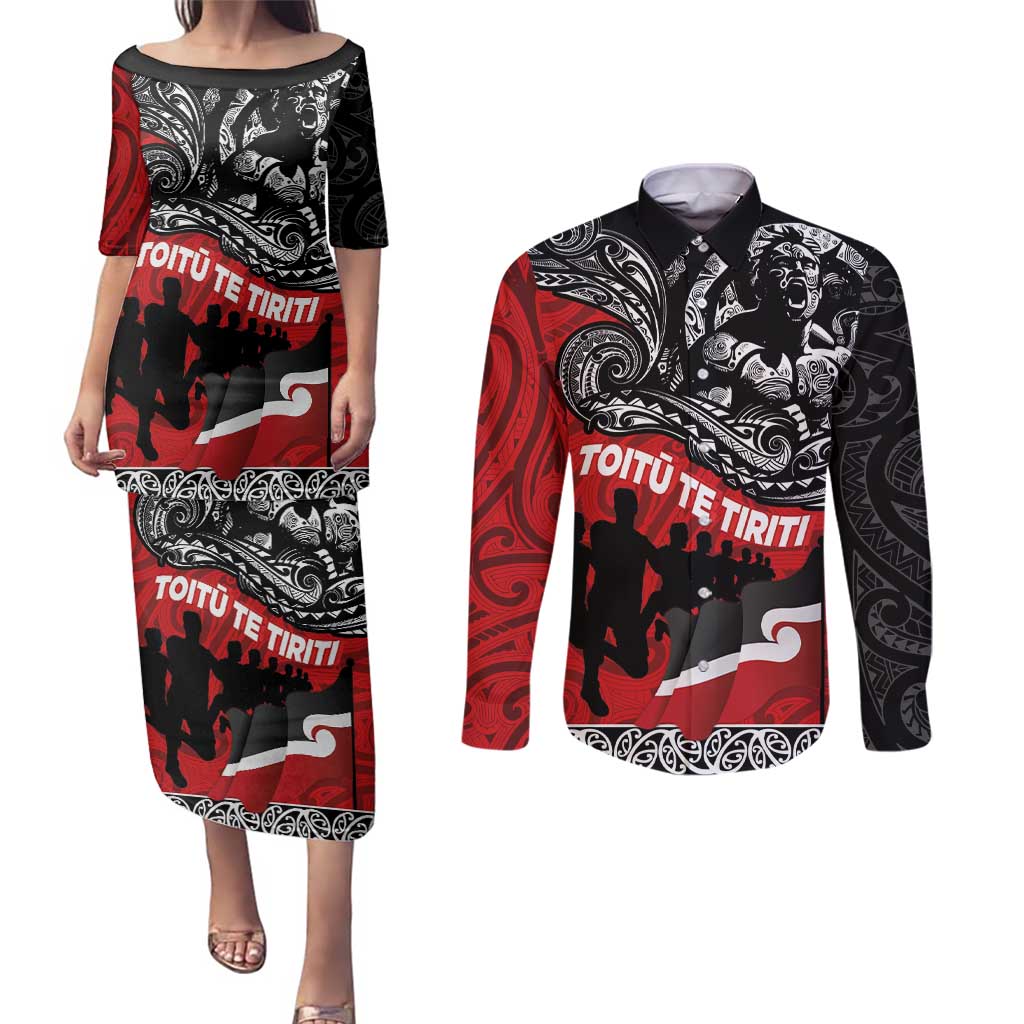 Aotearoa Toitu Te Tiriti Couples Matching Puletasi and Long Sleeve Button Shirt Honoring Te Tiriti o Waitangi Maori Haka LT03 Red - Polynesian Pride