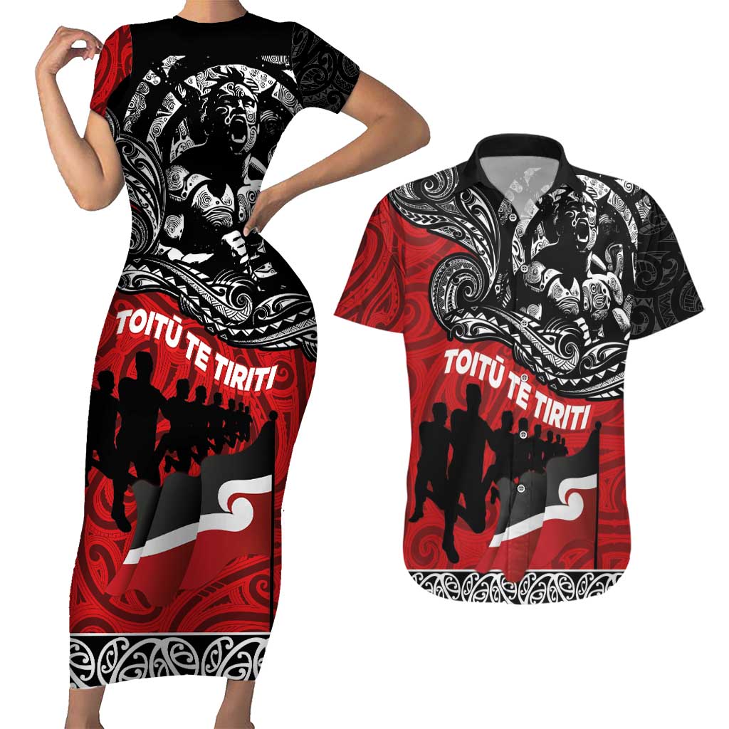 Aotearoa Toitu Te Tiriti Couples Matching Short Sleeve Bodycon Dress and Hawaiian Shirt Honoring Te Tiriti o Waitangi Maori Haka LT03 Red - Polynesian Pride