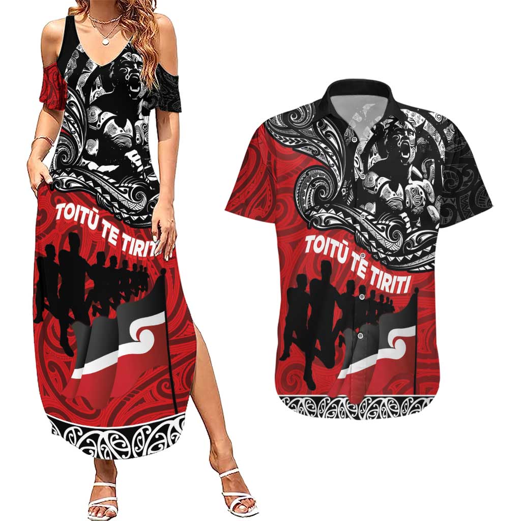 Aotearoa Toitu Te Tiriti Couples Matching Summer Maxi Dress and Hawaiian Shirt Honoring Te Tiriti o Waitangi Maori Haka LT03 Red - Polynesian Pride