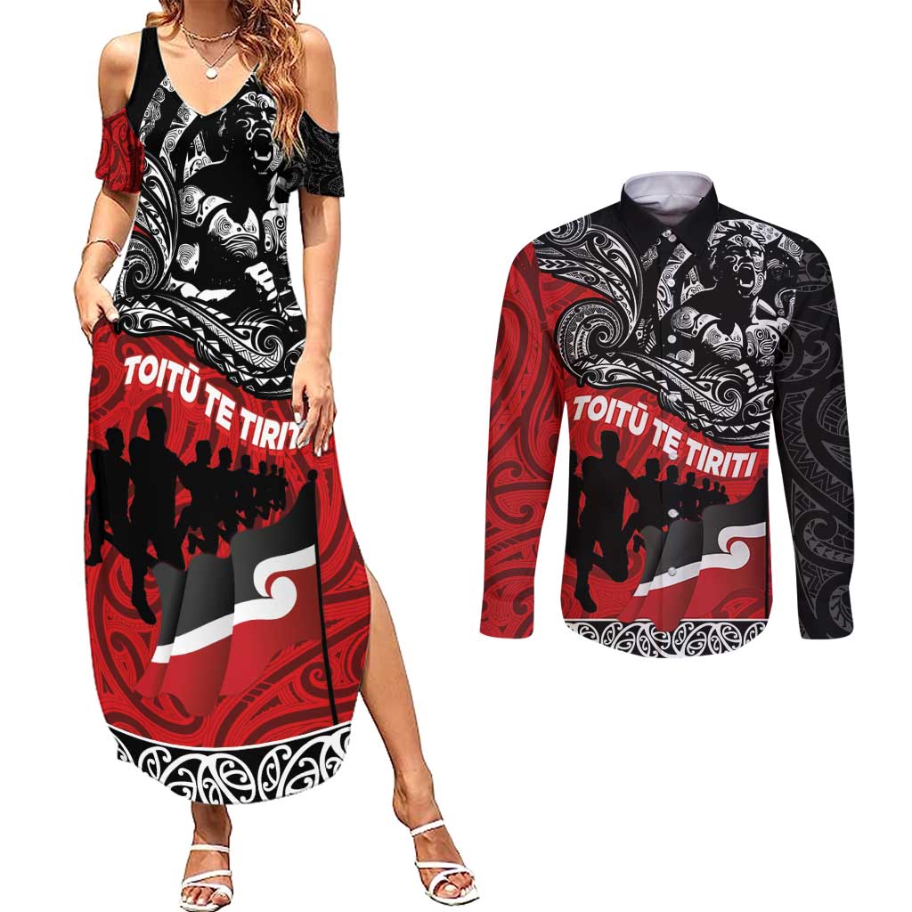 Aotearoa Toitu Te Tiriti Couples Matching Summer Maxi Dress and Long Sleeve Button Shirt Honoring Te Tiriti o Waitangi Maori Haka LT03 Red - Polynesian Pride