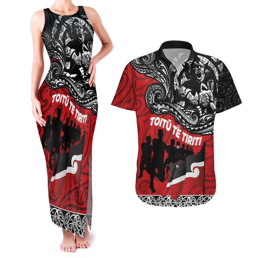 Aotearoa Toitu Te Tiriti Couples Matching Tank Maxi Dress and Hawaiian Shirt Honoring Te Tiriti o Waitangi Maori Haka