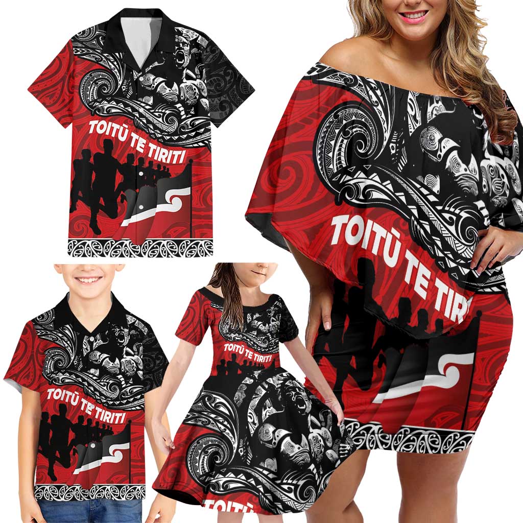 Aotearoa Toitu Te Tiriti Family Matching Off Shoulder Short Dress and Hawaiian Shirt Honoring Te Tiriti o Waitangi Maori Haka