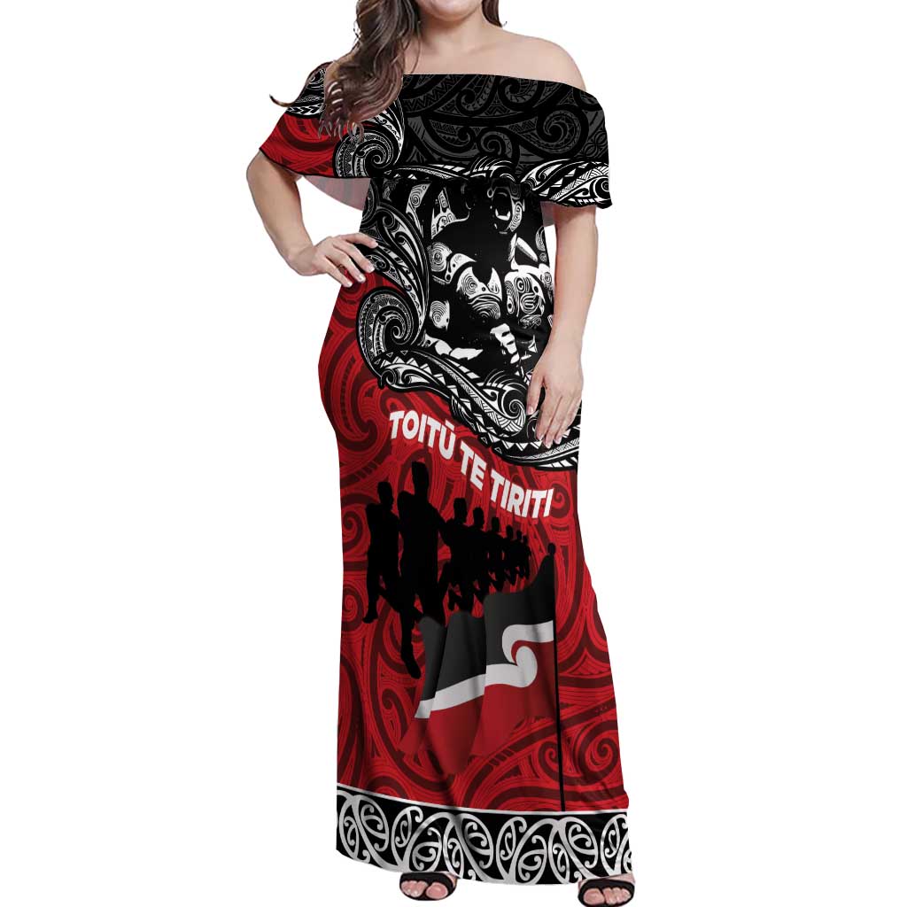 Aotearoa Toitu Te Tiriti Off Shoulder Maxi Dress Honoring Te Tiriti o Waitangi Maori Haka