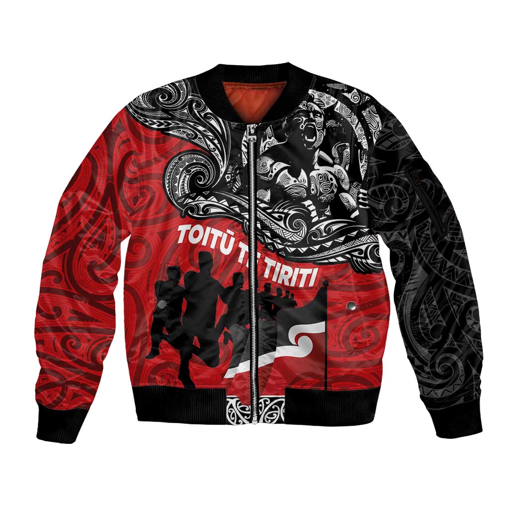 Aotearoa Toitu Te Tiriti Sleeve Zip Bomber Jacket Honoring Te Tiriti o Waitangi Maori Haka