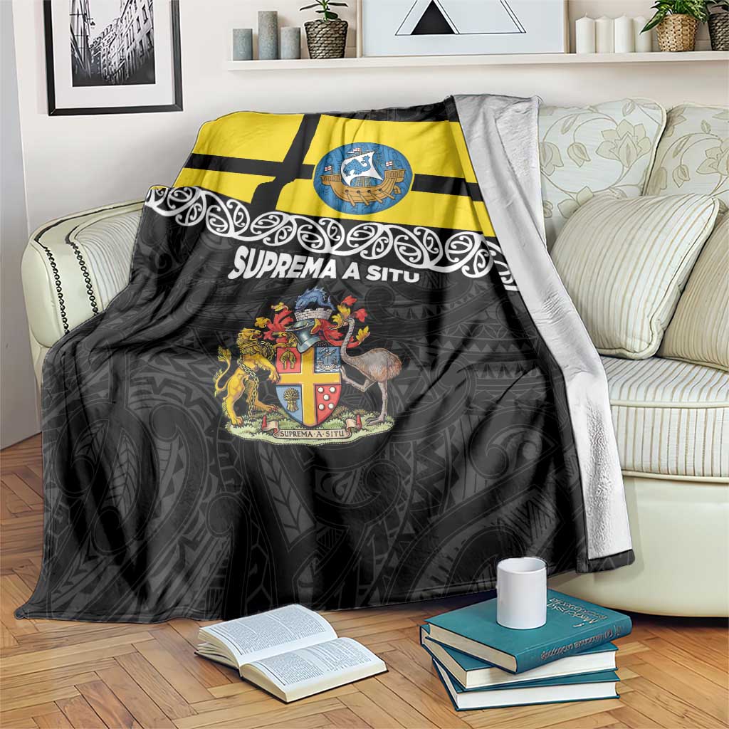 New Zealand Wellington Blanket The Capital's Emblems Flag and Koru Art LT03 Black - Polynesian Pride