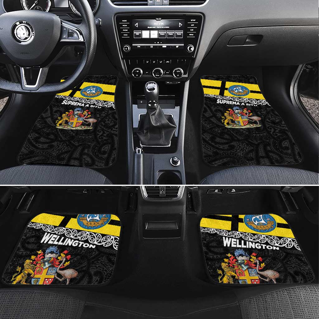 New Zealand Wellington Car Mats The Capital's Emblems Flag and Koru Art LT03 Set 4pcs Black - Polynesian Pride