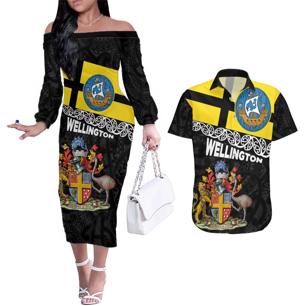 New Zealand Wellington Couples Matching Off The Shoulder Long Sleeve Dress and Hawaiian Shirt The Capital's Emblems Flag and Koru Art