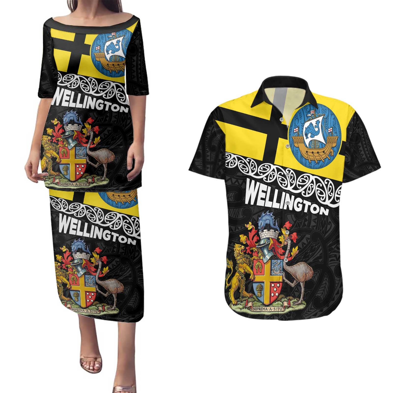 New Zealand Wellington Couples Matching Puletasi and Hawaiian Shirt The Capital's Emblems Flag and Koru Art LT03 Black - Polynesian Pride