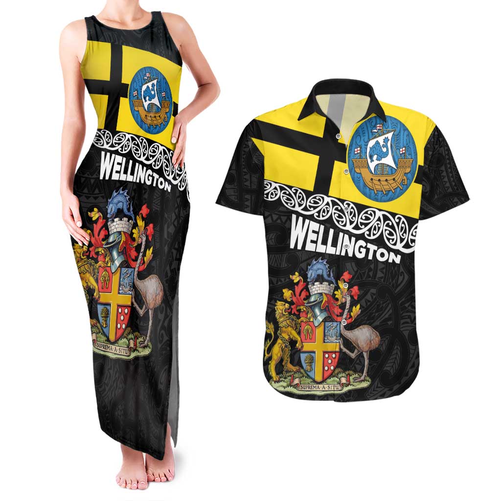 New Zealand Wellington Couples Matching Tank Maxi Dress and Hawaiian Shirt The Capital's Emblems Flag and Koru Art LT03 Black - Polynesian Pride