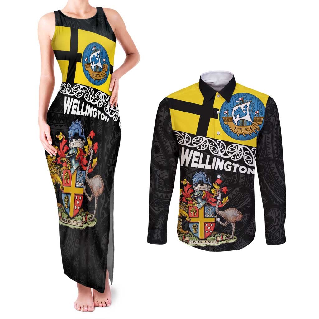 New Zealand Wellington Couples Matching Tank Maxi Dress and Long Sleeve Button Shirt The Capital's Emblems Flag and Koru Art LT03 Black - Polynesian Pride